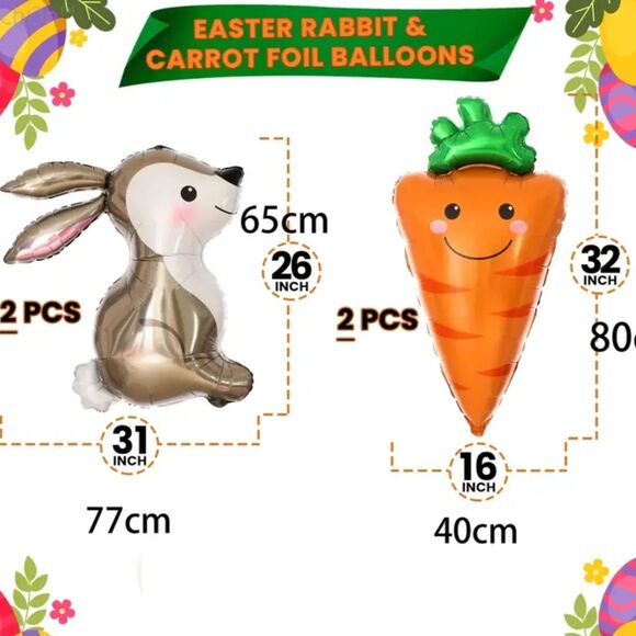 2 Easter Bunny Rabbit & 2 Carrot Foil Balloon Spring Decorations Birthday Party - Picture 3 of 3